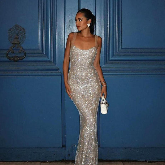 Vestido camisola brillante de diseño para mujer, vestido sexy ajustado a la cadera.