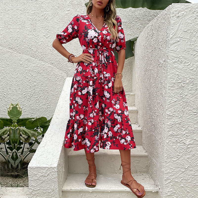 Summer Women Wear Printed V neck Split Dress for Women