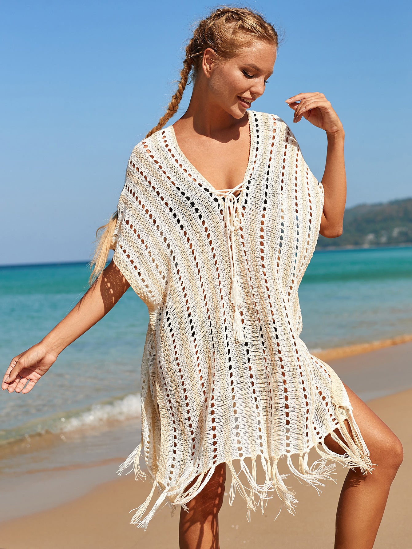 Blusa de punto calada para la cabeza, para vacaciones, informal, para playa, bikini, 3 colores