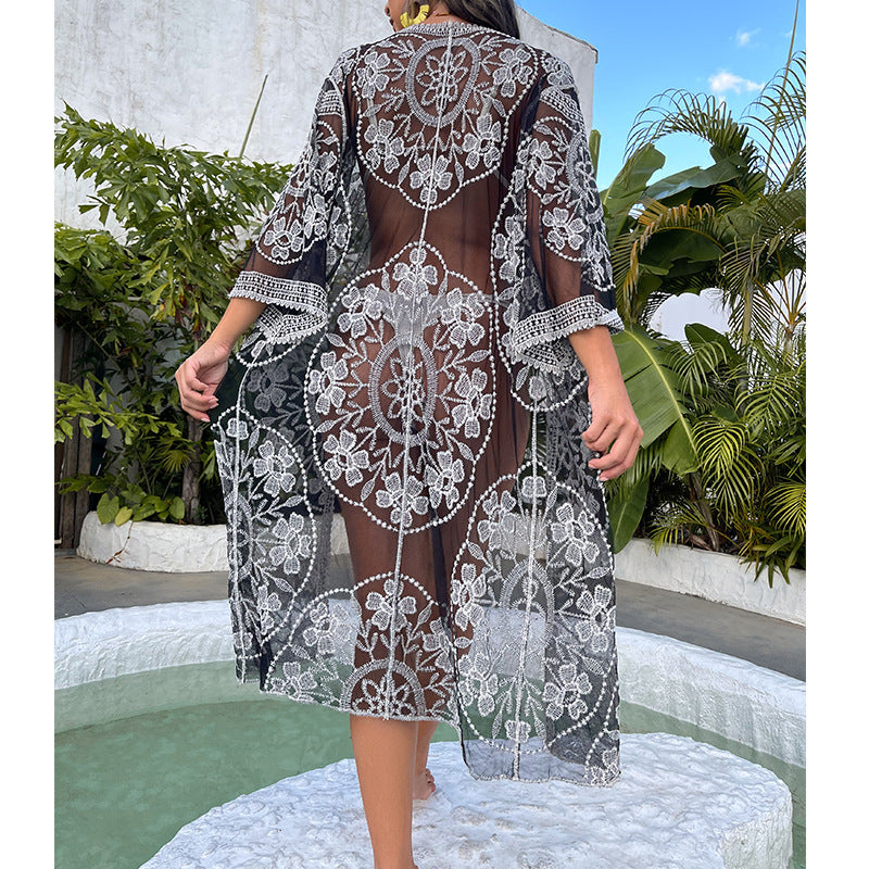 Water Soluble Silk Sun Protection Clothing Hollow Out Cutout Embroidered Strap Loose Sexy Casual Beach Cover Up