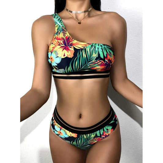 Traje de baño para mujer, bikini sexy de un hombro, estampado.