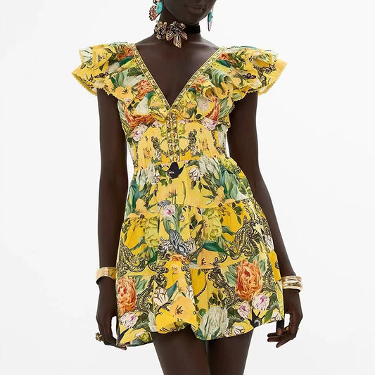 Vestido corto acampanado con volantes y mangas voladoras para mujer