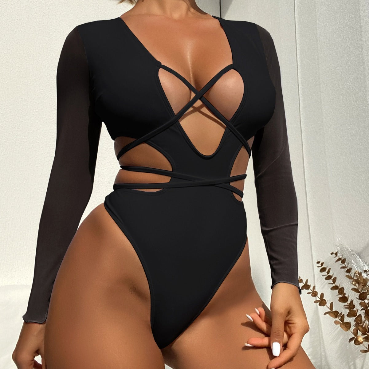 Maillot de bain une pièce à manches longues et couleur unie pour femme, bikini sexy