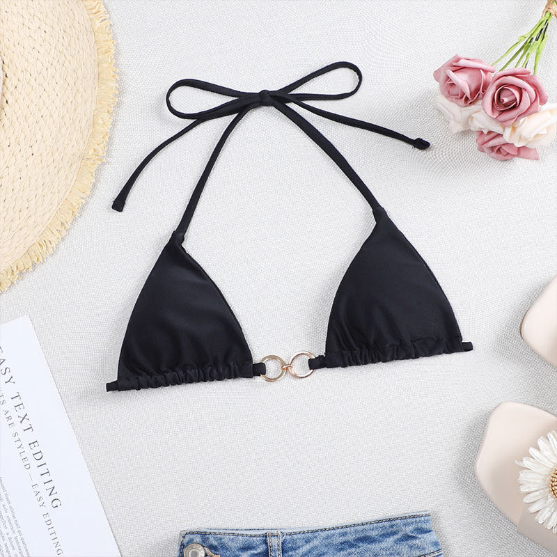 Traje de baño de color sólido con cuello halter atado para playa para mujer, bikini, tops
