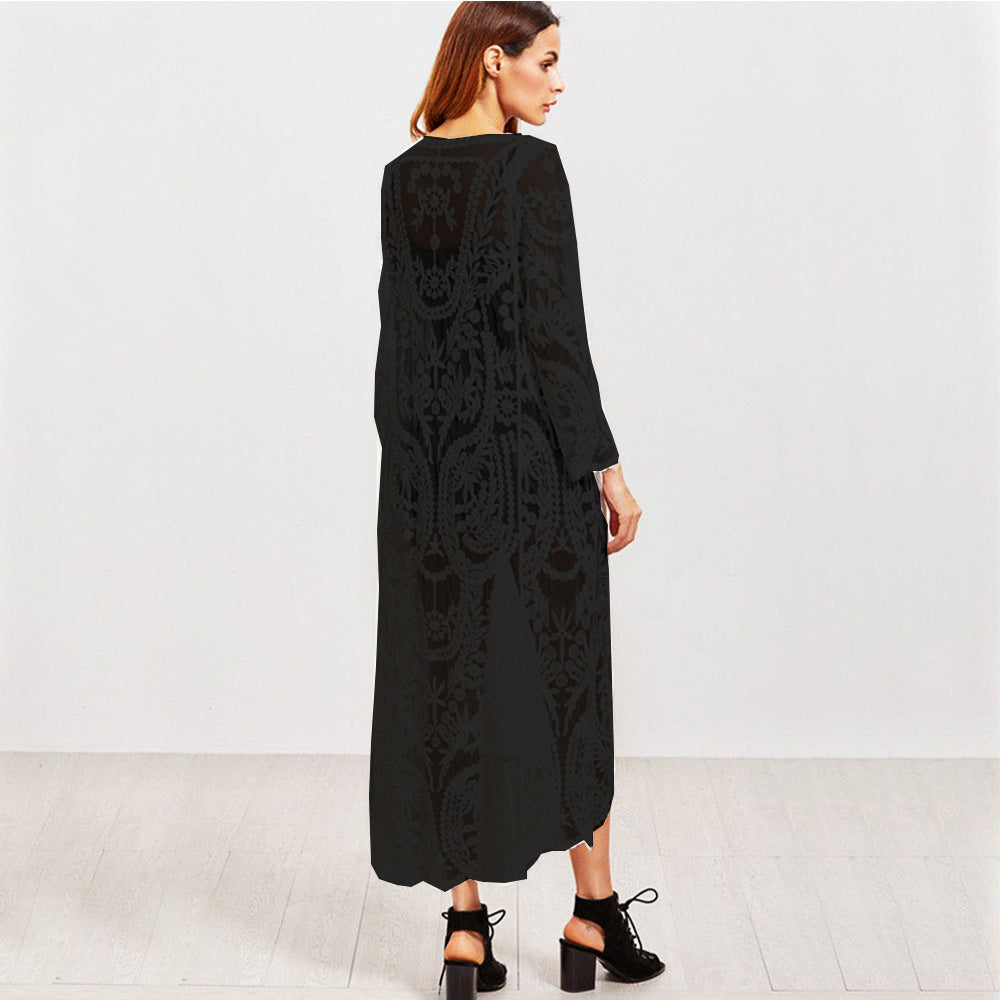 Bohemian Holiday Long Wheat Embroidered Lace Gauzy Cardigan Sun Protection Shirt Beach Cover Up