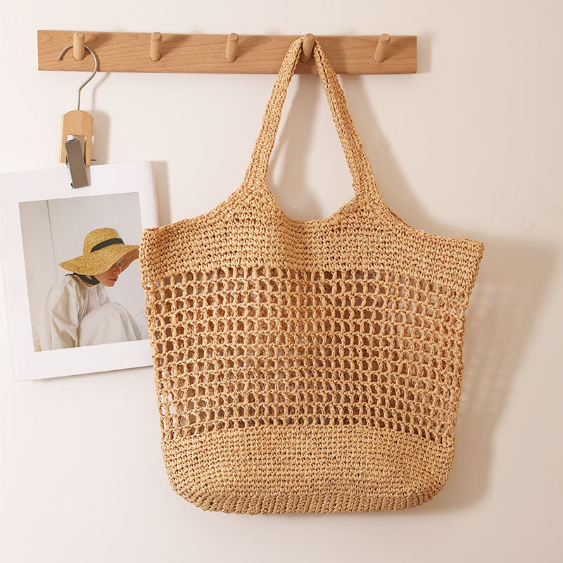 Bolso de paja de gran capacidad, bolso de hombro con aberturas, bolso de paja tejido, bolso de playa para vacaciones, bolso de mujer