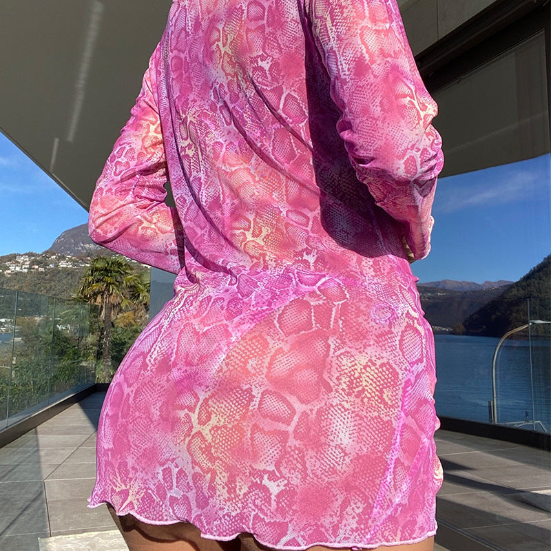 Traje de baño de dos piezas con cuello halter y manga larga, estampado sexy, bikini de tres piezas