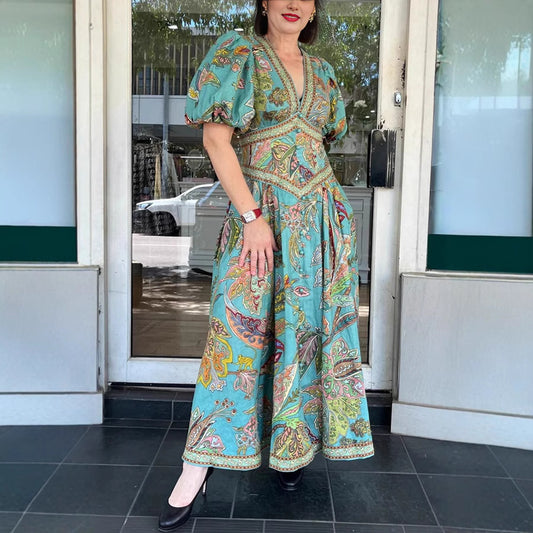 Vestido informal holgado con mangas abullonadas y estampado de primavera y verano para mujer