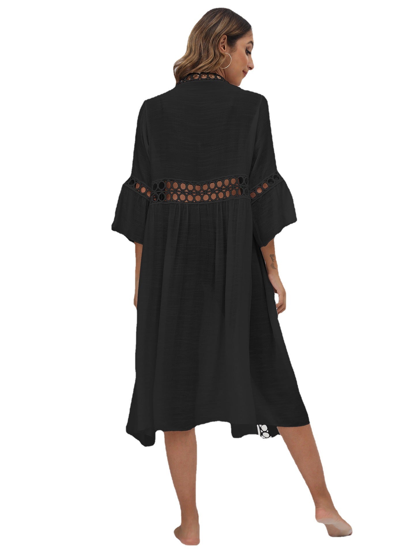 Blusa playera de vacaciones en la playa para mujer, cárdigan holgado de manga tres cuartos con encaje y protección solar