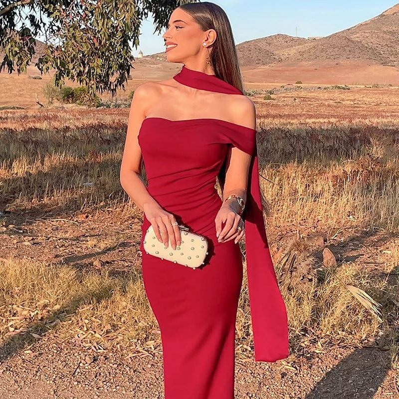 Women Summer Slim Fit Backless Ribbon Shoulder Tube Top Dress