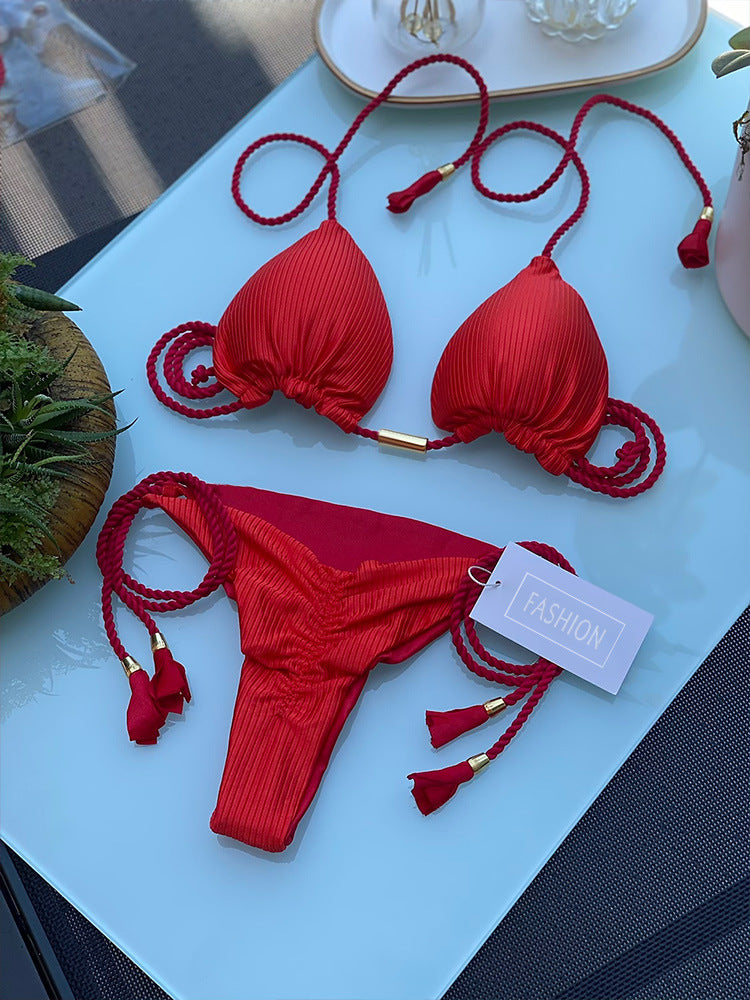 Bikini especial de color sólido con trenza de cuerda, traje de baño multicolor.