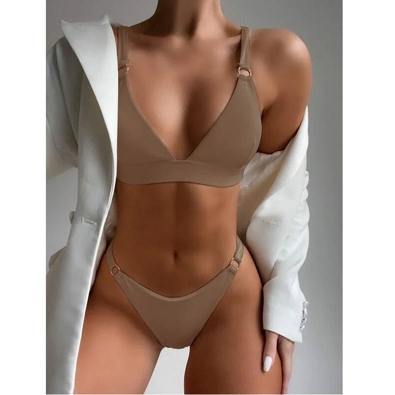 Bikini sexy de color liso con ribete de tela para mujer, traje de baño dividido de alta calidad