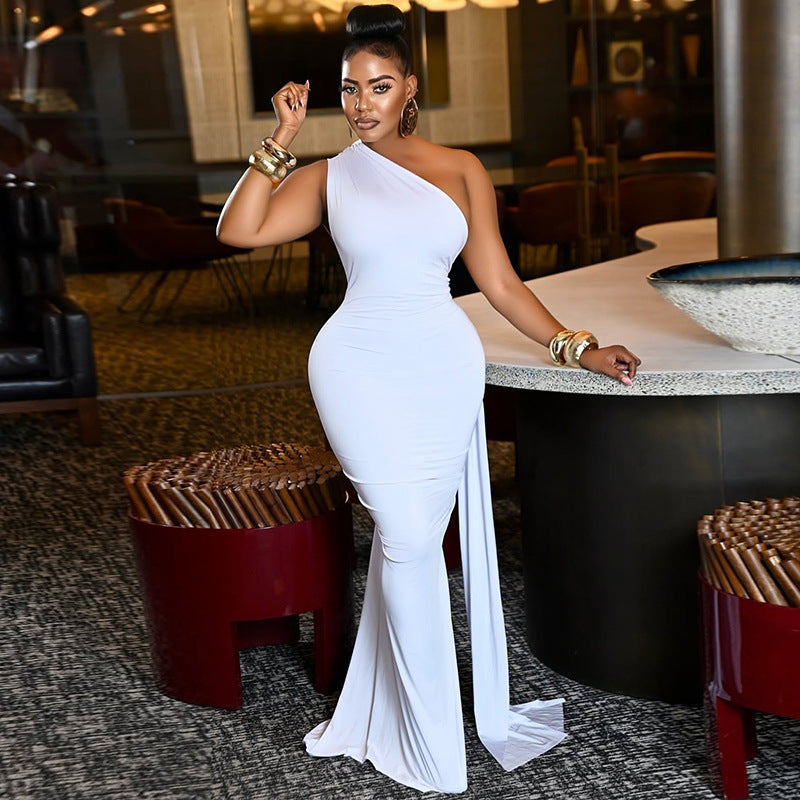 Women Clothing Tied Slim Fit Design Slimming Hip Pleated Diagonal Collar Shoulder Solid Color Length Dress
