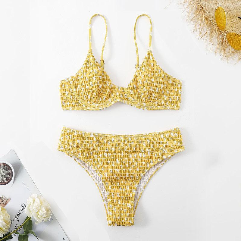 Sexy Printed Steel Bracket Beach Split Bikini High Waist Special Fabric Swimsuit Swimwear Women