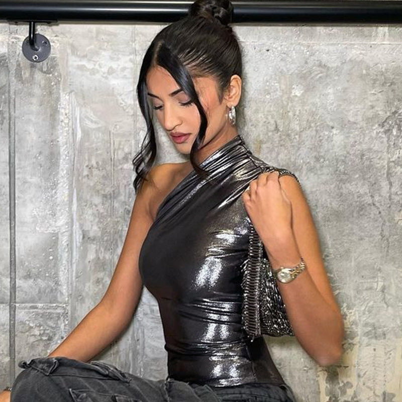 Combinaison d'été sexy en similicuir pour femme, slim, sans manches