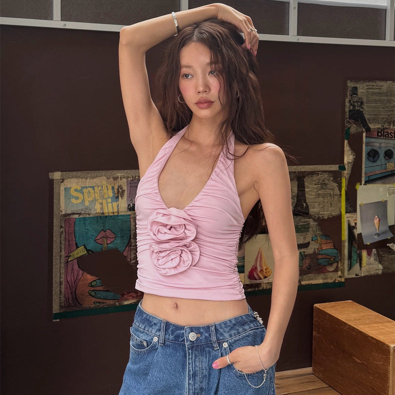 Women Clothing Summer Sexy Pure Want Pleated Floral Decoration Halterneck Vest Top