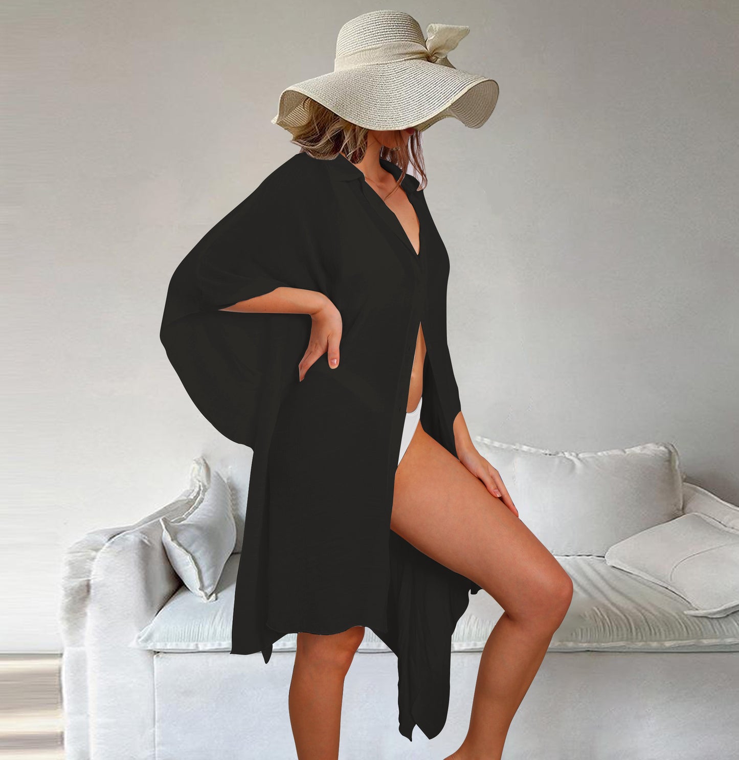 Bamboo Cotton Shirt Loose Beach Cardigan Vacation Sun Protection Clothing Beach Cover Up Swimsuit Outwear Cardigan
