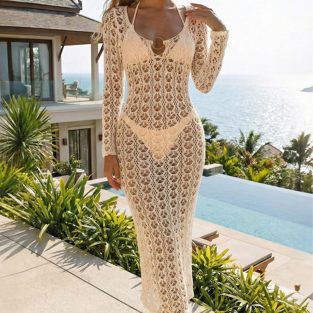 Women Clothing Hollow Out Cutout out Knitted Backless Metal Ring Straps Sexy Blouse Seaside Vacation Beach Sun Oyimi