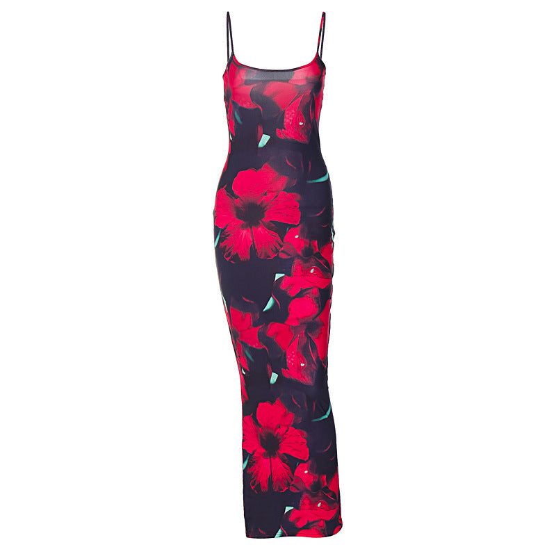 Printed U Neck Strap Slim Fit Sexy Women Dress