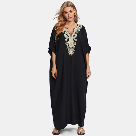 Rayon Embroidered Holiday Loose Maxi Dress Beach Jacket Dress Beach Cover Up