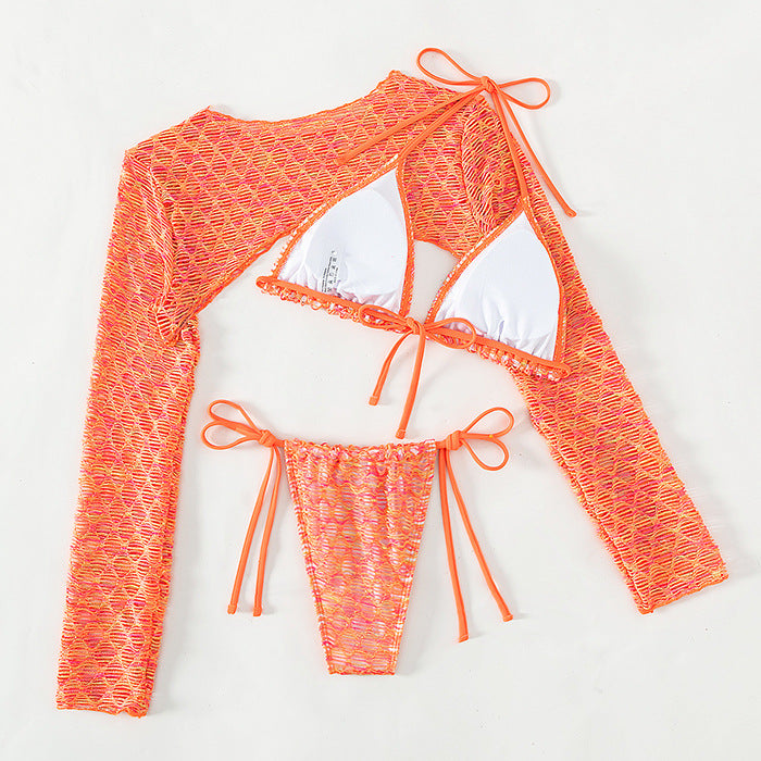 Traje de baño de manga larga con abrigo de malla para mujer, conjunto de tres piezas, traje de baño de verano para mujer