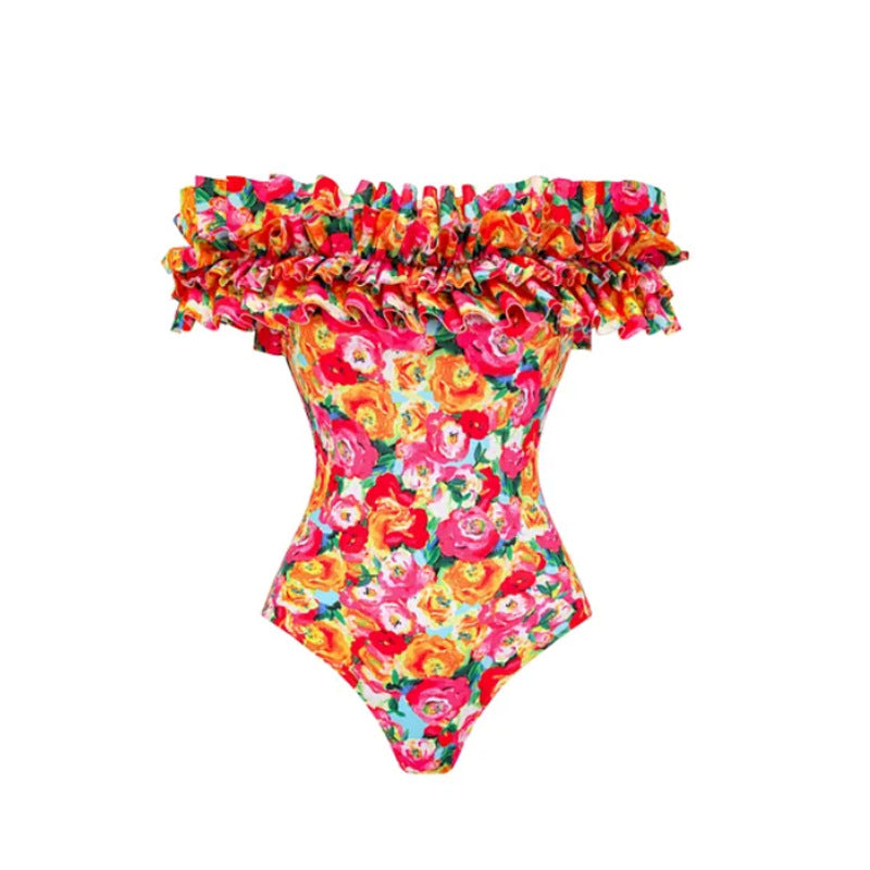 Traje de baño de una pieza con estampado francés retro para mujer, traje de baño adelgazante para vacaciones