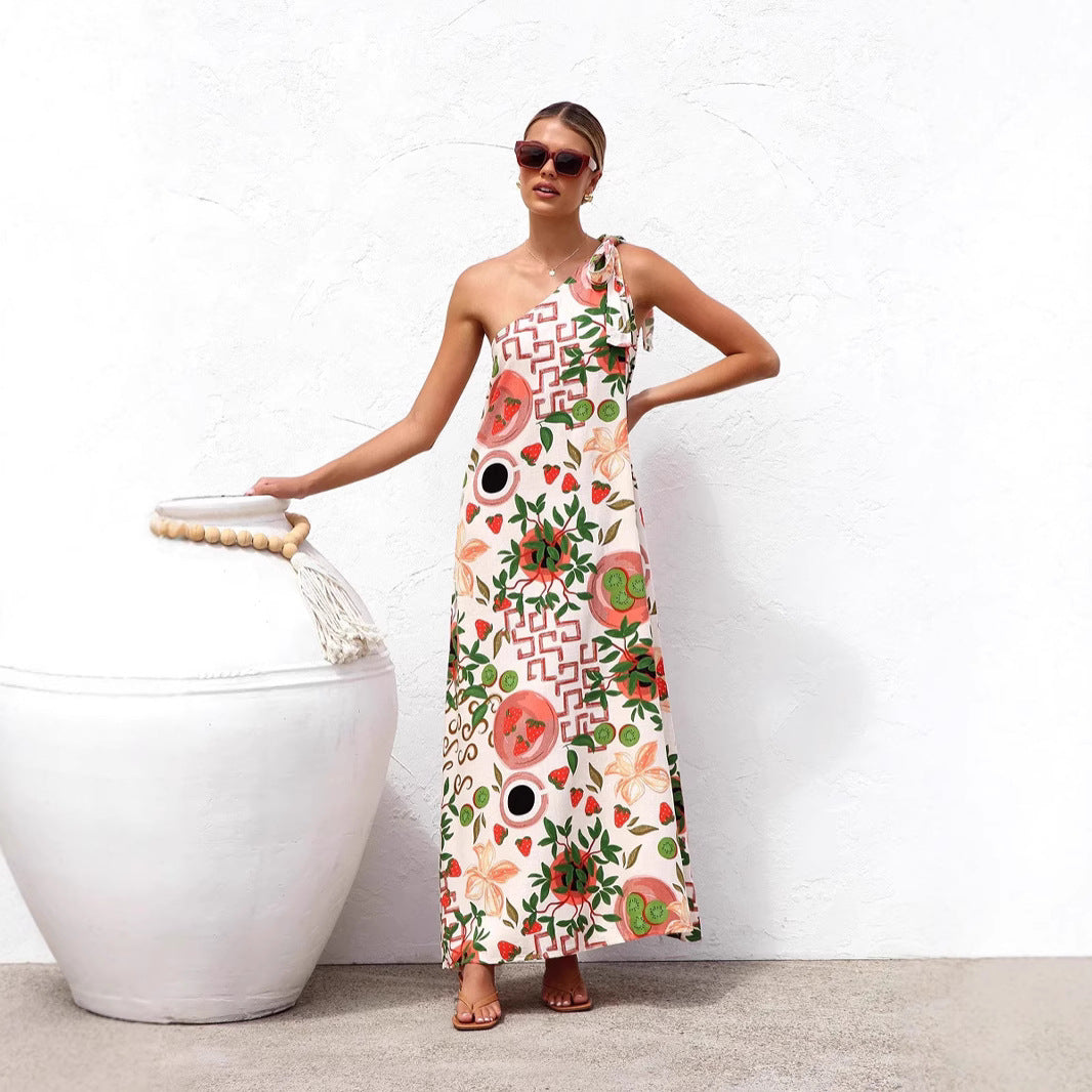 Summer Dress Printed Shoulder Lace up Elegant Dress Women