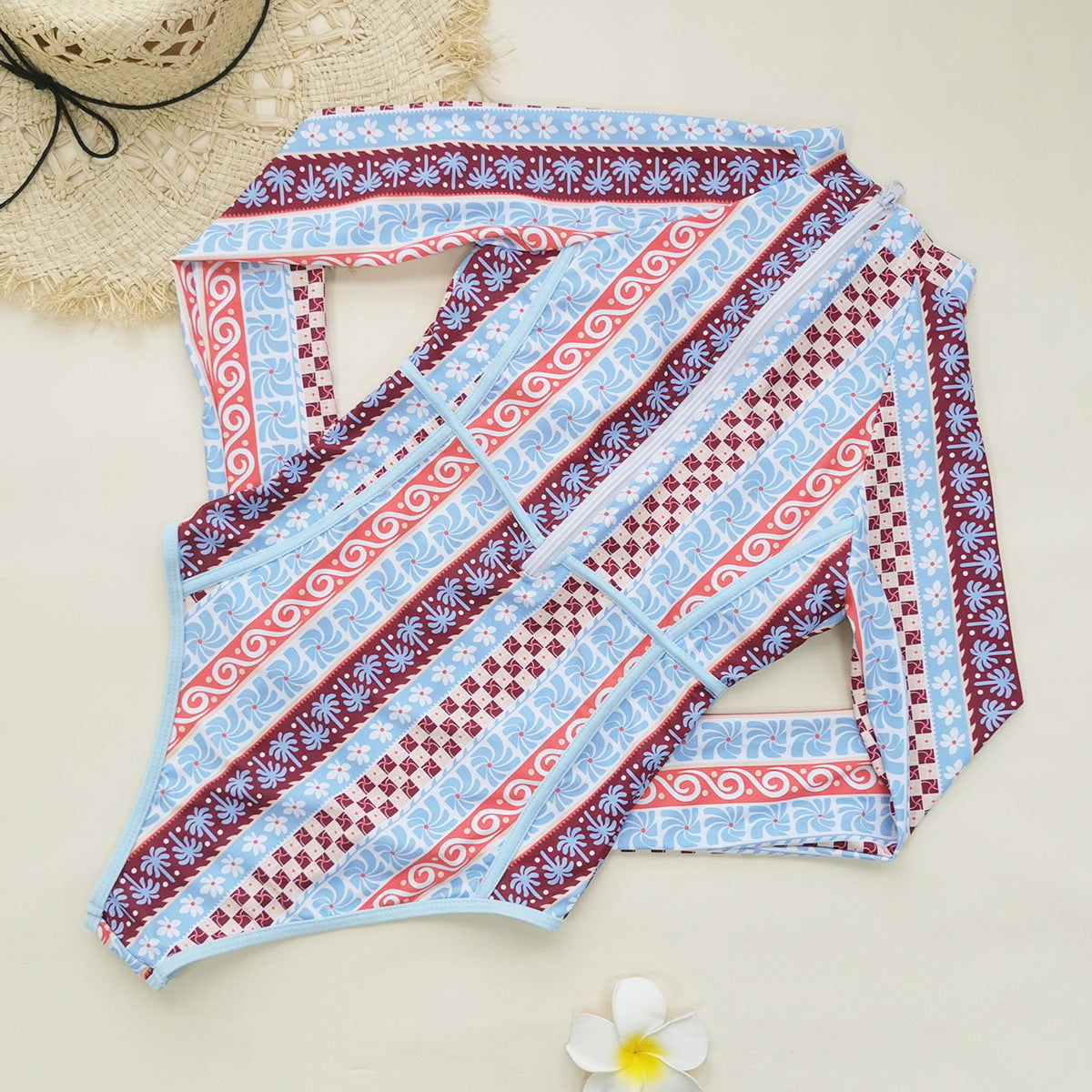 Striped Printed Long Sleeve Zipper Briefs Surfing Set One Piece Swimsuit Women Thunder