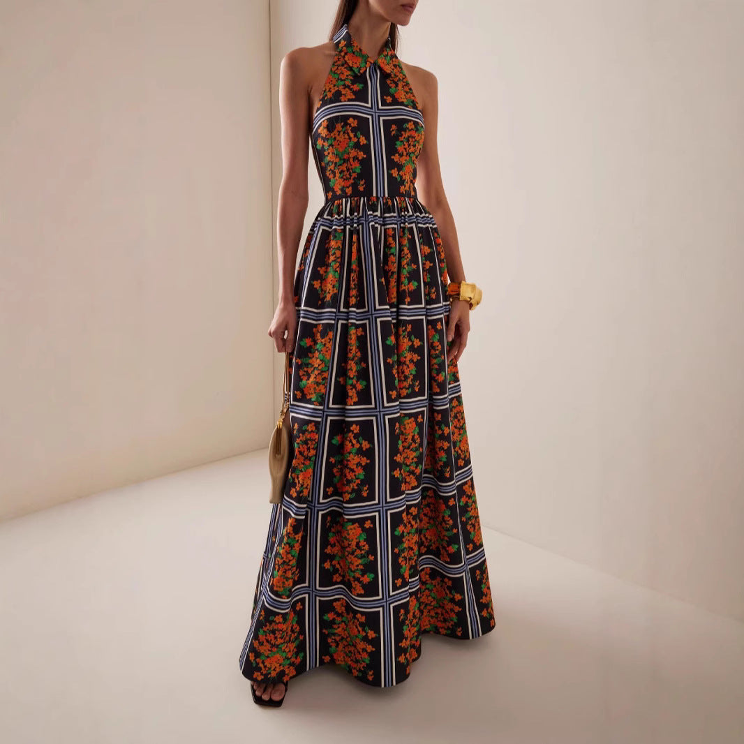 Summer Maxi Dress Sexy Backless Collared Printing Slip Dress