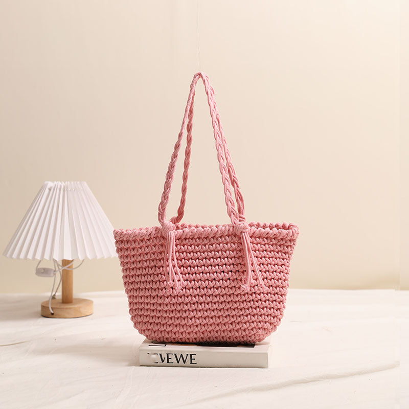 Bolso de hombro tejido con hilo de algodón y borlas, bolso de paja de color liso, bolso de playa para vacaciones, bolso informal para mujer