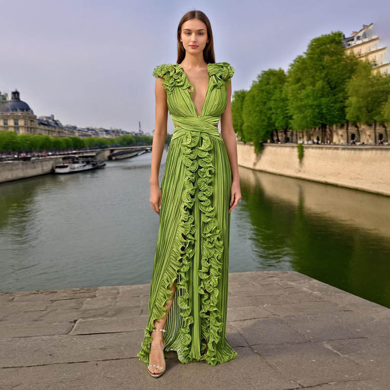 French Cocktail Maxi Dress Summer V Neck Pleated Ruffled Waist Slimming A Line Dress Women Sailfish