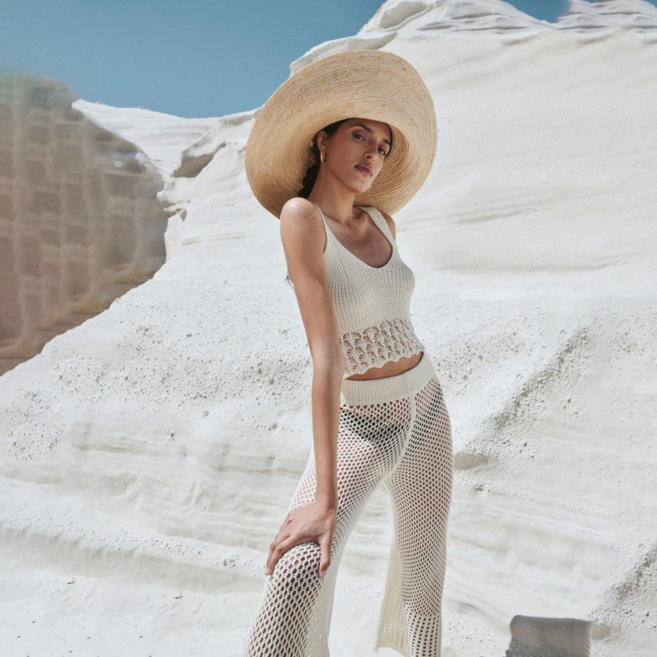 Sexy Hollow Out Cutout out See through Loose Sleeveless Beach Shirt Casual Vacation Trousers Sun Proof Set