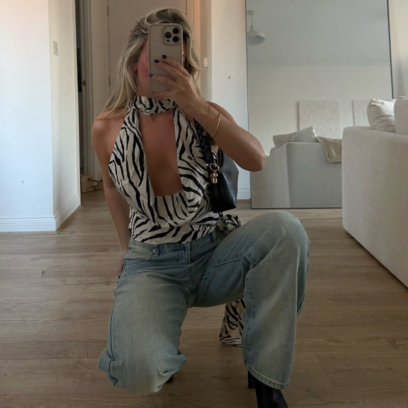 Women Clothing Summer Sexy Zebra Pattern Swing Collar Hollow Out Cutout out Short Vest Top