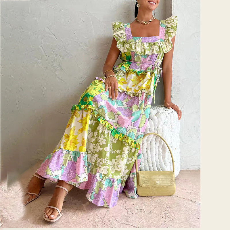 Spring Ruffles Sexy off-Neck Printed Waist Controlled Slimming Slim Dress for Women Ory