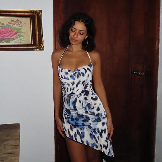 Vestido elegante de estilo socialité con estampado de leopardo asimétrico irregular y sexy para mujer en otoño