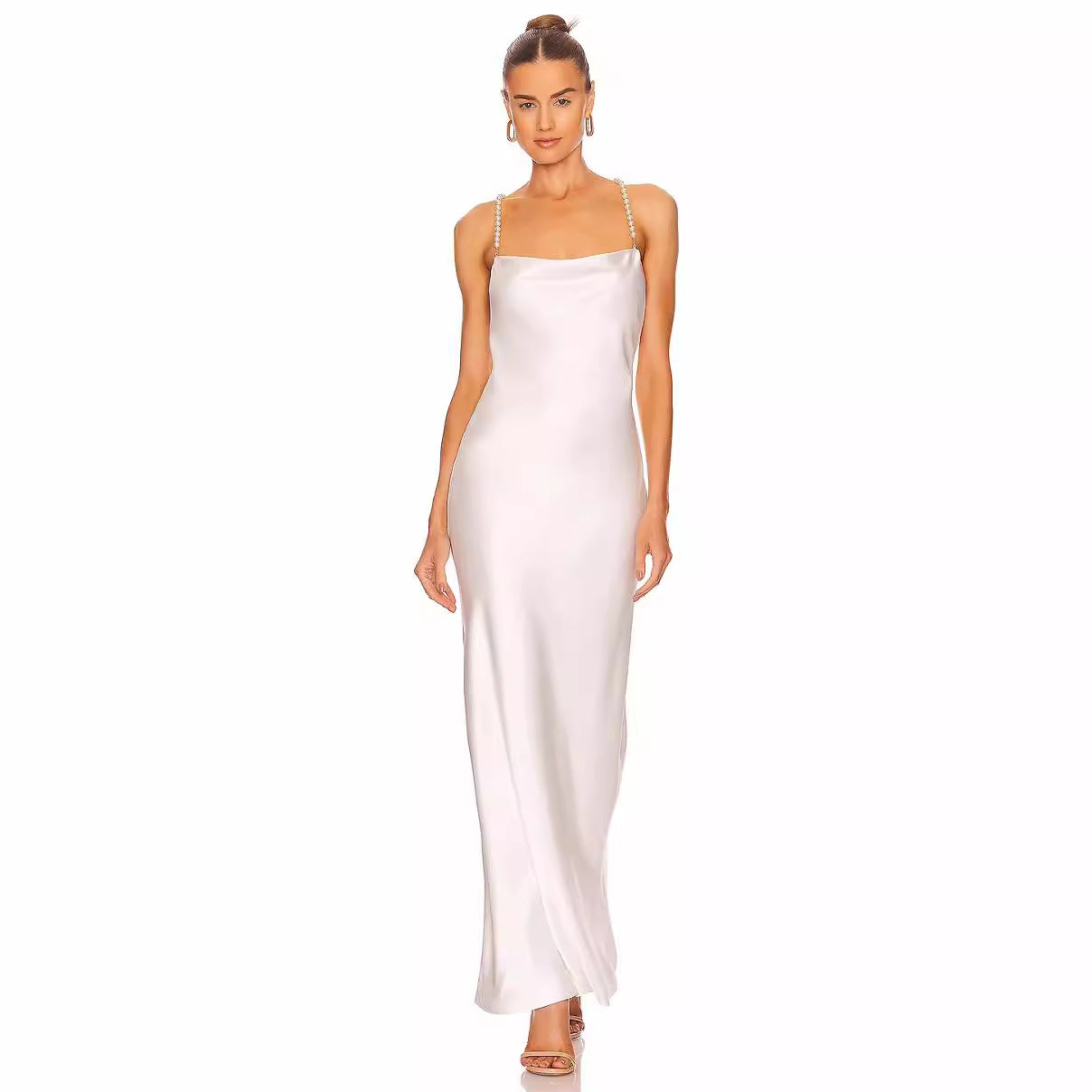 French White Bead Necklace Evening Dress Silk Satin Texture Women Sexy Backless Elegant Party Dress
