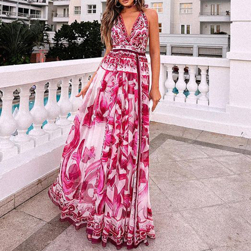 Summer Women Sexy Print Halter Mid Length Dress