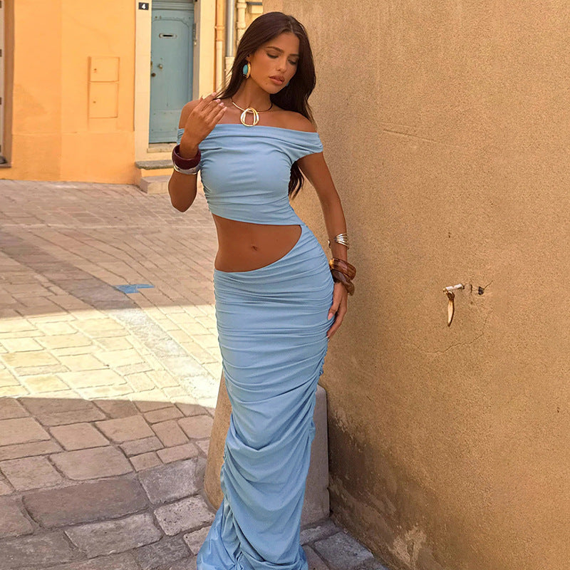 Spring Summer Women Clothing Solid Color Sexy Oblique Shoulder Bare Cropped Slim Fit Hip Bag Fold Split Dress