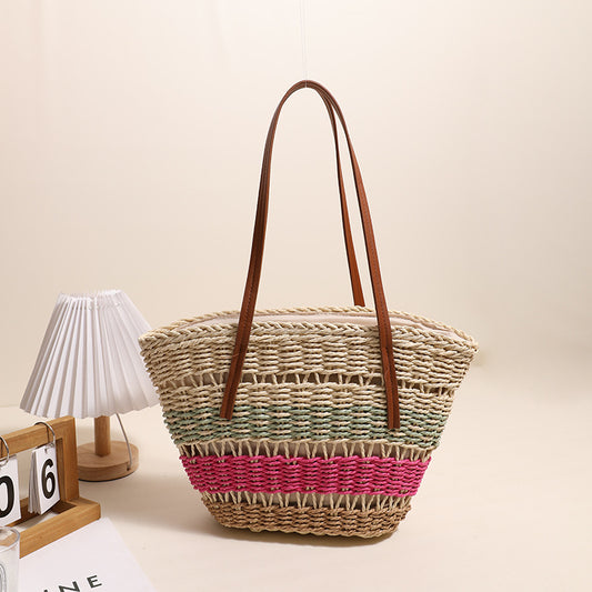 Colorful Striped Shoulder Straw Bag Large Capacity Straw Bag Woven Bag Rattan Women Bag Portable Vegetable Basket