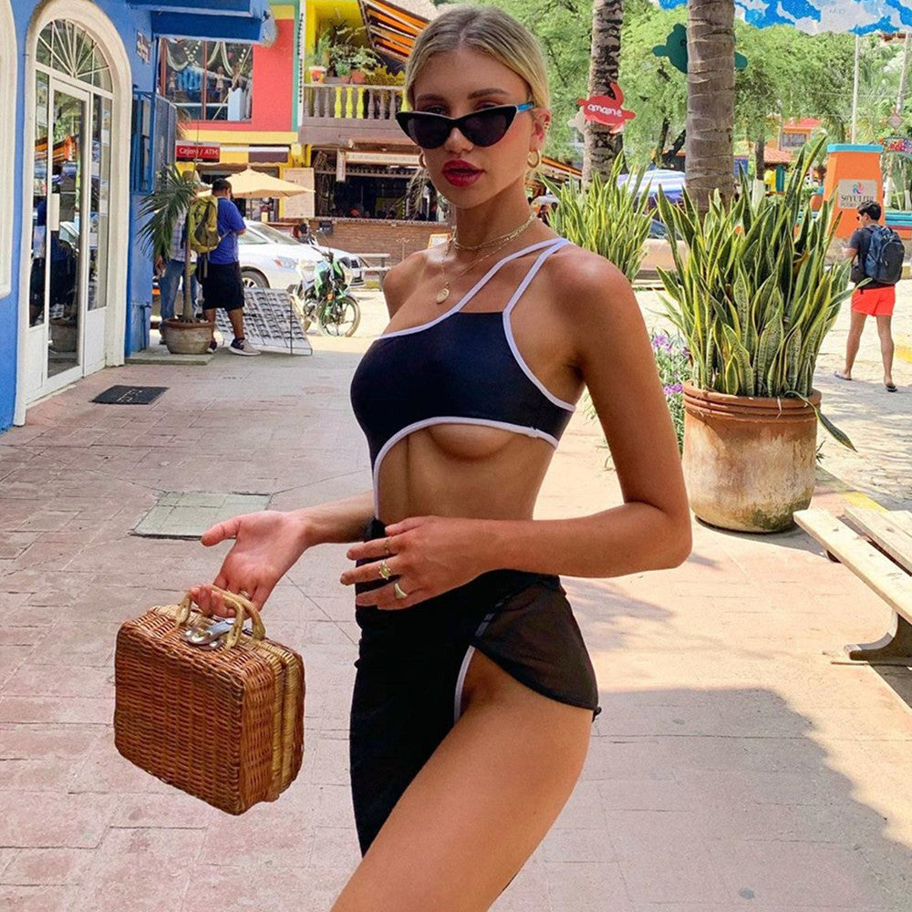 Traje de baño de una pieza Bikini para mujer Traje de baño de color sólido Conjunto de dos piezas de malla Traje de baño