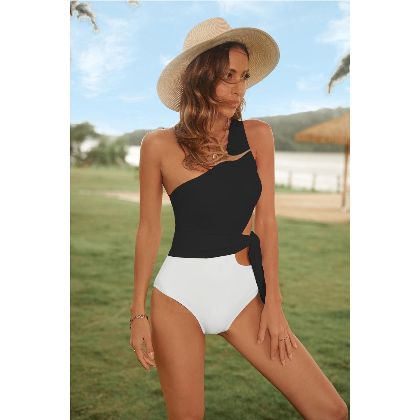 Spring Summer Women Clothing One Piece Swimsuit One Shoulder Single Bikini Lace up Side Cut Swimsuit