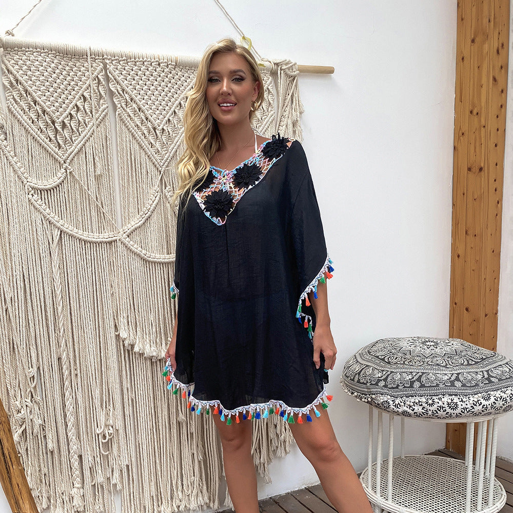 Solid Color V neck Hand Crocheting Stitching Overclothes Sexy Cutout Loose Beach Cover up Dress