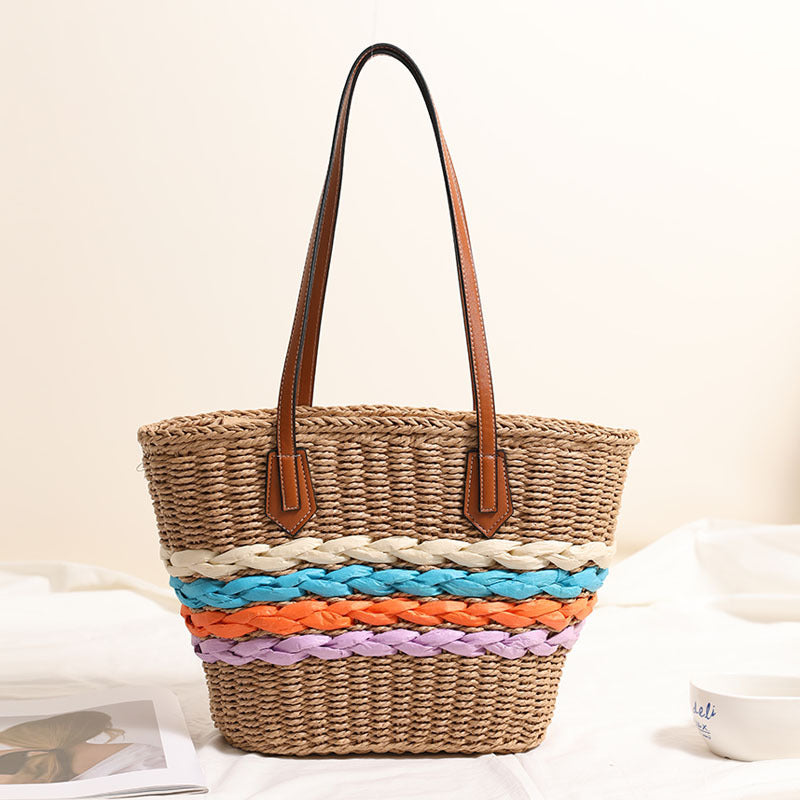 Bohemian One Shoulder Straw Bag Rainbow Stripes Straw Bag Woven Bag Vacation Beach Bag Women Bag