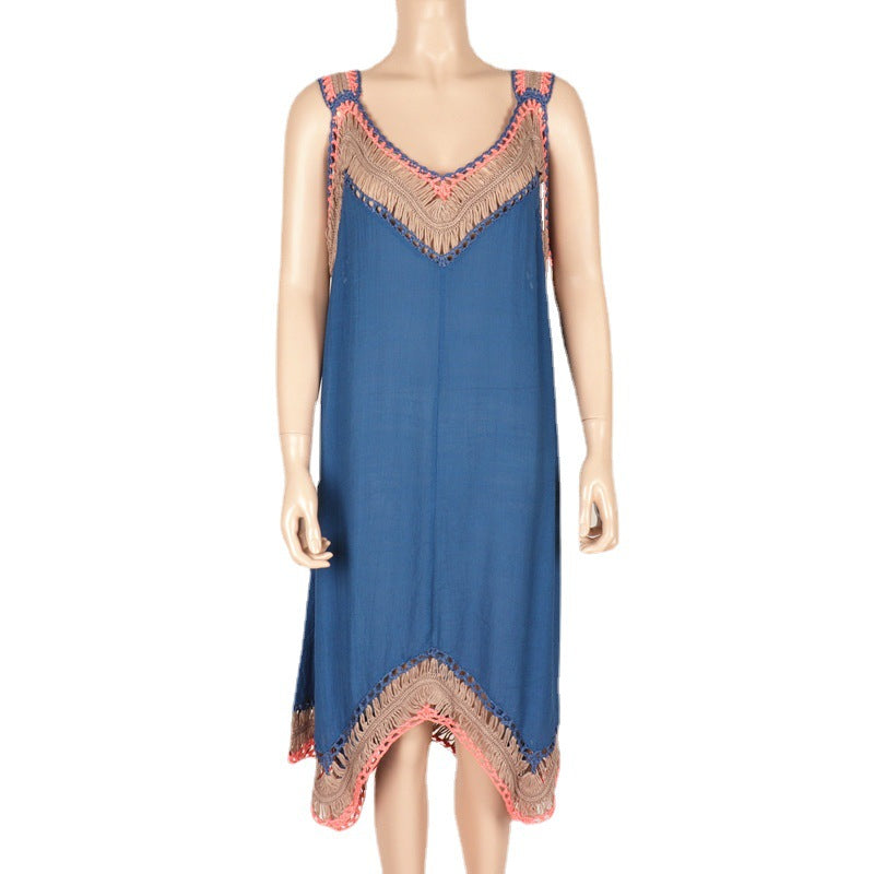 One Size Fits All Hand Crocheting Wool Yarn Slub Cotton Camisole Sleeveless Beach Maxi Dress
