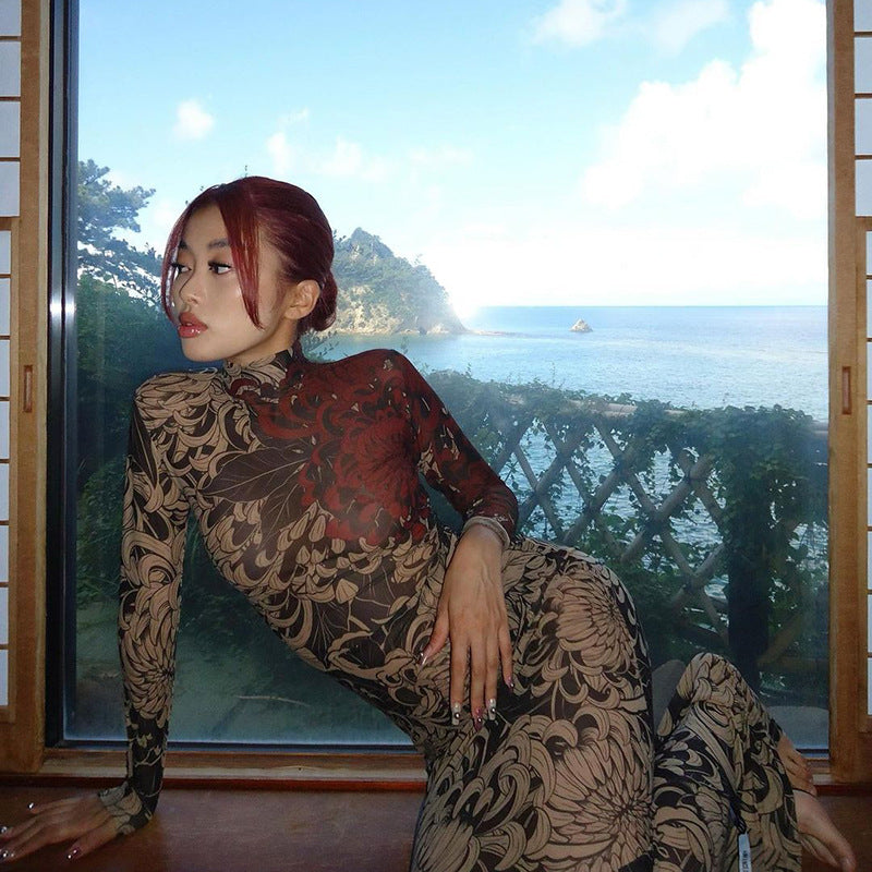 Vestido ajustado de cuello alto con estampado personalizado de malla retro de primavera para mujer