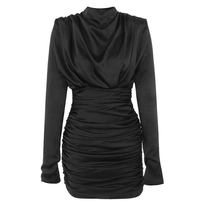Elegant Women High Grade Black High Collar Sheath Slim Pleated Dress Women