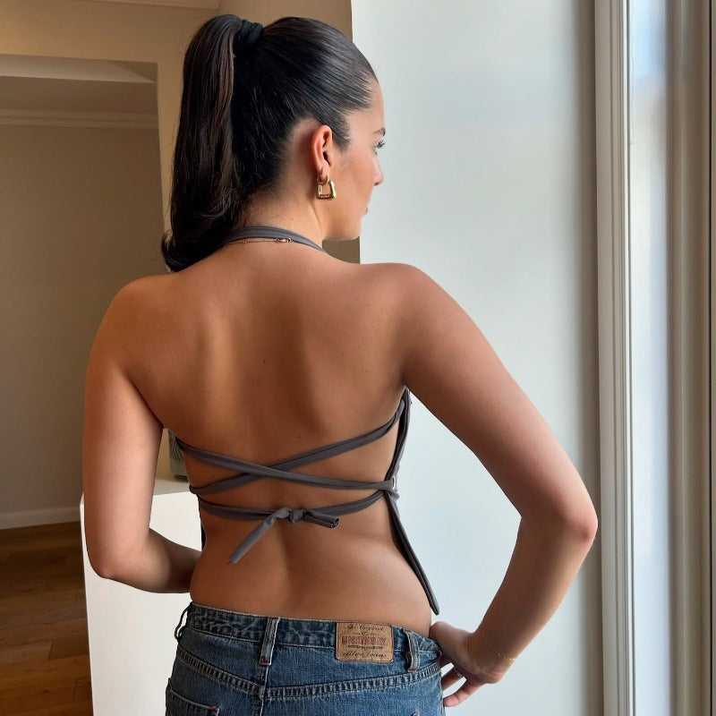 Women Clothing Summer Sexy Bare Back Slim Solid Color Short Halterneck Vest Top