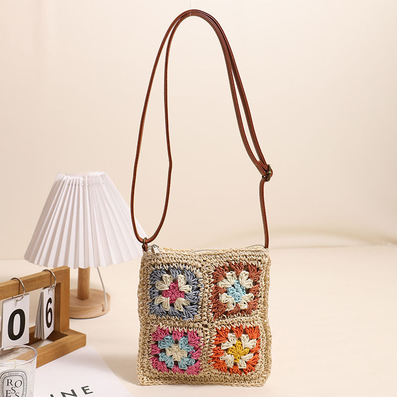 Bolso bandolera de paja con diseño floral, hueco y recortado, estilo retro, cuadrado, tejido, para playa y vacaciones, bolso de hombro que combina con todo.