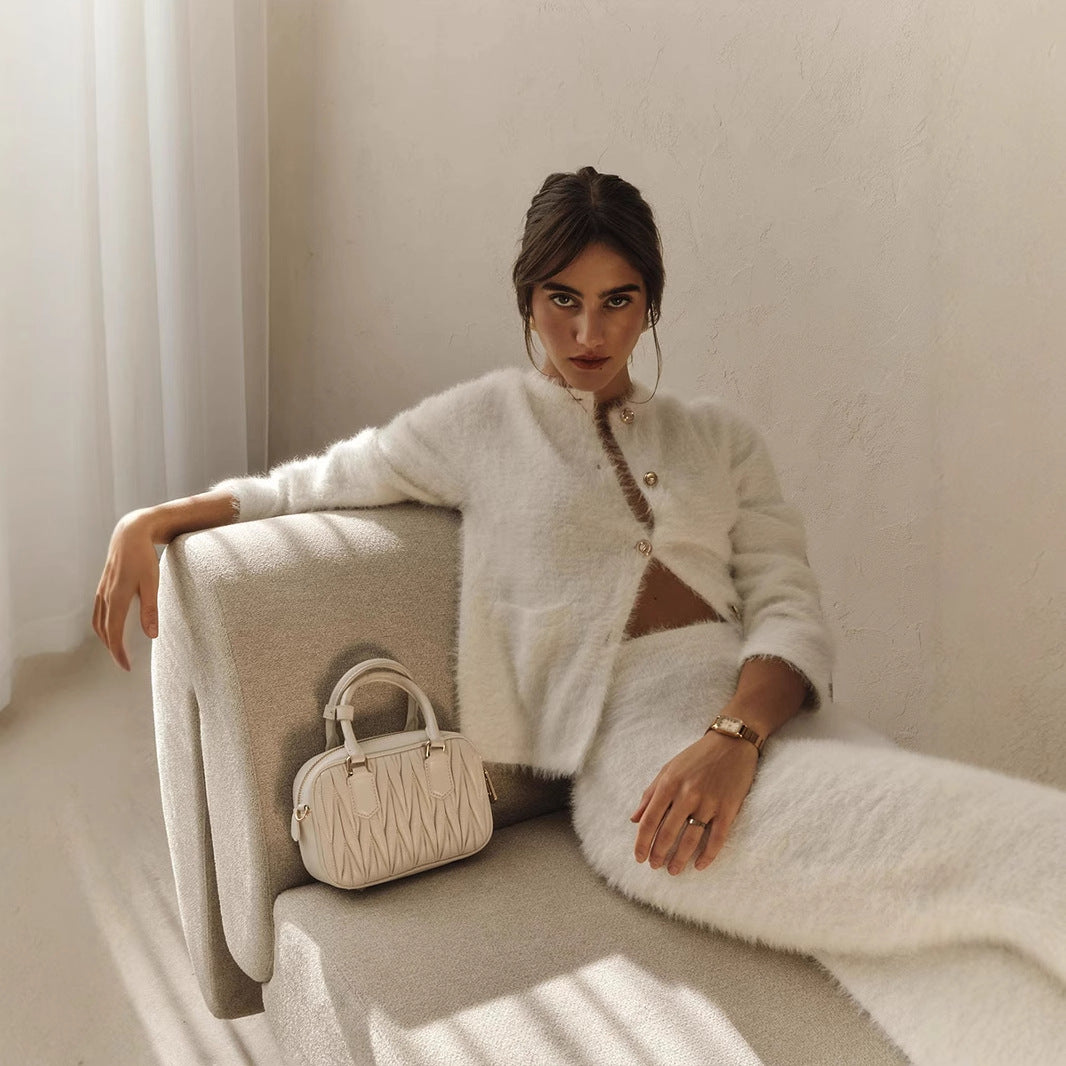 Plush Long-Sleeved Skirt Set Autumn Winter Single Breasted Cardigan Skirt Set