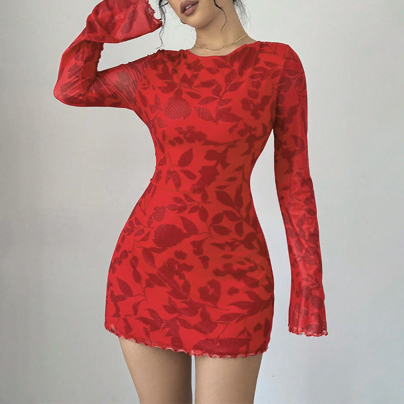 Robe courte sexy à lacets et dos nu, col rond, manches longues, imprimé léopard, automne